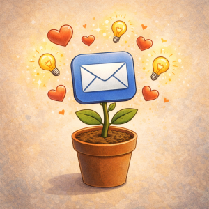 3300126 An email icon growing from a plant pot, symbolizing list nurturing and audience growth.