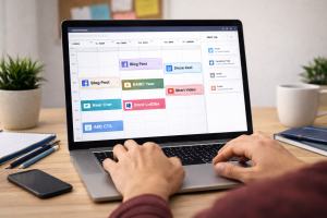 3310126 Marketing content being batch-created and scheduled ahead of time.