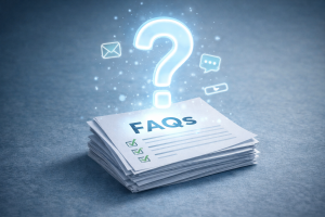 Glowing question mark above FAQ papers with digital icons around it
