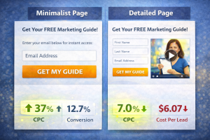Two landing page designs tested in a split test with conversion data.