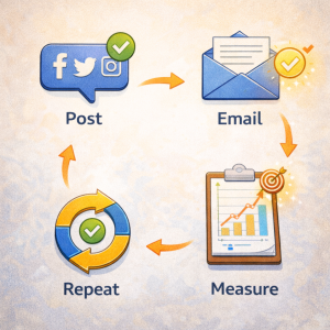 4300126 Flowchart showing a repeatable marketing system from content to results.