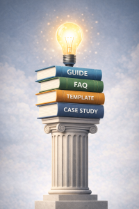 Stacked evergreen content types as books supporting a glowing lightbulb
