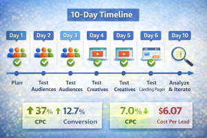 Infographic showing a beginner-friendly 10-day split testing ads plan.

