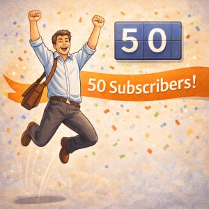 5300126 Marketer celebrating a milestone of 50 email subscribers with confetti.