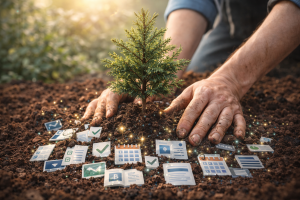 Hands planting an evergreen tree into soil made of content icons
