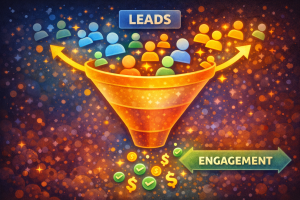 Sales funnel diagram showing leads converting into customers at the bottom