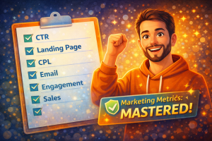 Beginner marketer completing checklist of seven essential marketing metrics
