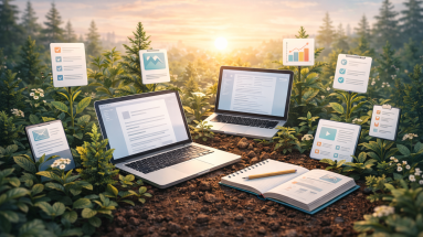 Digital garden with evergreen content symbols growing under sunrise light