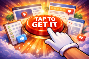 Call to action button being clicked, with digital marketing elements in background