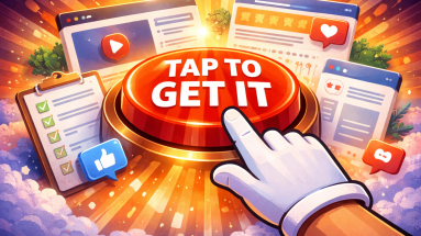 Call to action button being clicked, with digital marketing elements in background