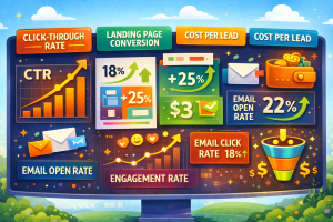 Illustrated dashboard showing beginner-friendly marketing metrics with colorful icons and charts