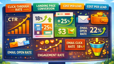 Illustrated dashboard showing beginner-friendly marketing metrics with colorful icons and charts