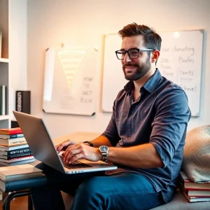 ahead060126 Entrepreneur applying Felix Dennis How to Get Rich internet marketing lessons at home office