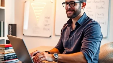 Entrepreneur applying Felix Dennis How to Get Rich internet marketing lessons at home office