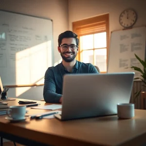 Entrepreneur using online business success strategies at home workspace