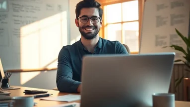 Entrepreneur using online business success strategies at home workspace