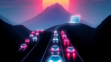 Increase website traffic with multiple digital strategies symbolized by glowing social media cars heading to a blog