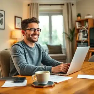 Relaxed content creator showing how to convert followers into customers naturally from a home office.