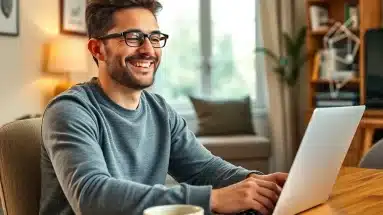 Relaxed content creator showing how to convert followers into customers naturally from a home office.