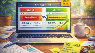 Split testing ads dashboard comparison showing performance data of two ad variations.