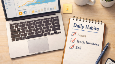 Laptop with analytics, notepad labeled “Daily Habits,” and digital tools on a bright desk setup.