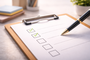 10010326 Clipboard with blank checkboxes representing a quick pre-publish optimization checklist.