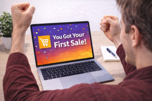 Excited digital creator celebrating their first sale after launching a product.&rdquo;
