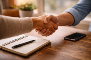 Two people shaking hands over a desk, representing trust-building for how to make your first affiliate sale.

