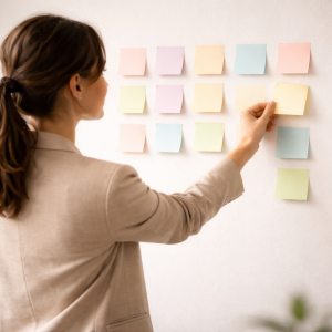 10210226 Person moving a sticky note forward, symbolizing overcoming doubts step by step.