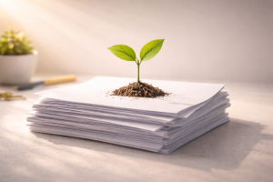 10250226 A small seedling growing from simple pages, symbolizing trust-building “tiny wins” from ideal customer profile questions.