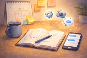 Cozy workspace with tools and icons representing behind-the-scenes content and conversation.
