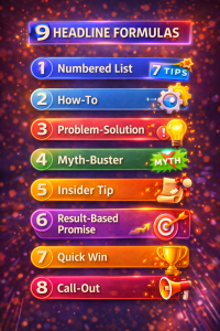 Infographic showing nine different headline formulas with icons and labels
