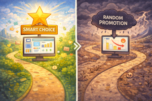 Visual metaphor of choosing the right vs. wrong affiliate path.