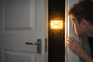Person peeking around a door glowing with mystery, symbolizing curiosity in subject lines.
