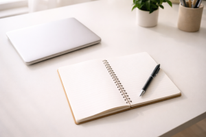 11210226 Notebook and pen ready on a tidy desk, suggesting the next step is to write your story.