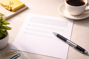 11250226 A single-page customer snapshot on a desk, representing how to identify your ideal customer using ideal customer profile questions.