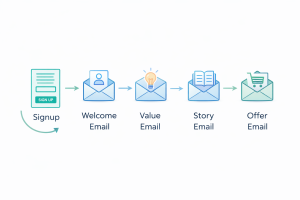 1200226 Visual representation of an email nurture sequence flow from signup to offer.