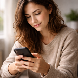 1210226 Person scrolling on a phone, showing attention and curiosity while reading.