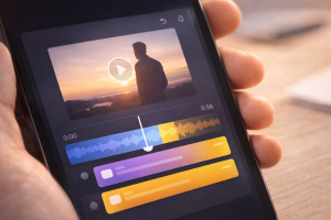 12270226 Video editing timeline with caption bars representing automatic captions and faster editing.
