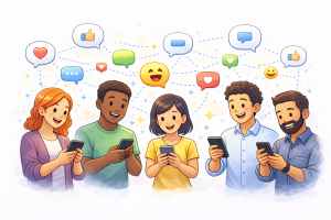 People connected by chat bubbles and reaction icons representing an active community.
