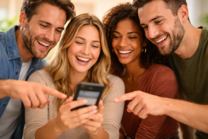 1240226 Group of people reacting to a phone, showing how social proof influences decisions.