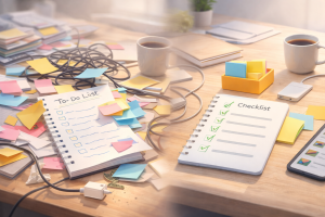 1270226 Before-and-after workspace showing chaos turning into an organized system.