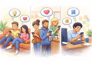 People scrolling in everyday situations with icons showing interest without interacting.
