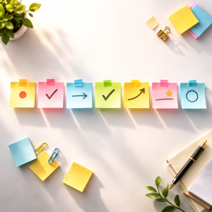 Seven note tiles arranged like a week, illustrating a 7-day plan for how to make your first affiliate sale