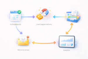 13270226 Workflow diagram connecting scheduling, lead delivery, welcome emails, analytics, and repurposing.