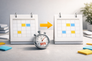 2010326 Simple testing setup with calendar blocks and a stopwatch illustrating consistent A/B testing conditions.
