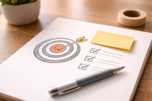 Paper target and checklist illustrating focus and clarity for affiliate marketing tips for beginners.
