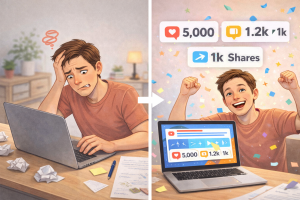 Cartoon showing relatable journey of a beginner creator building audience trust.
