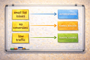 Whiteboard showing real audience problems matched with product types.

