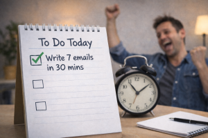 A completed checklist with fast content creation and a person celebrating productivity.
